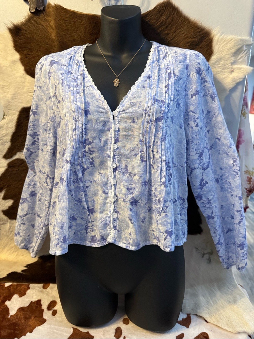 Hippie Rose Blue Floral Pintuck V-Neck Blouse